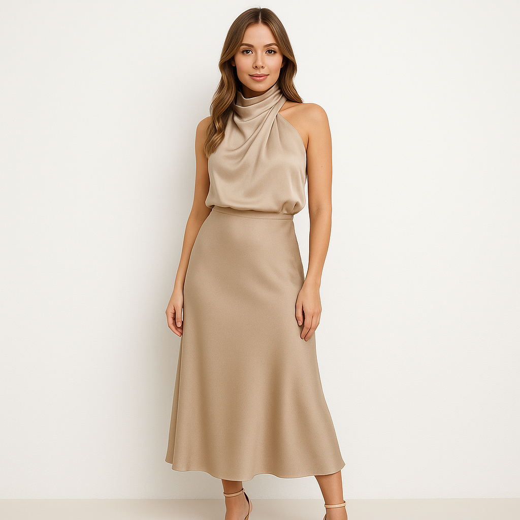 Satiniertes Midikleid mit Drapé-Kragen
