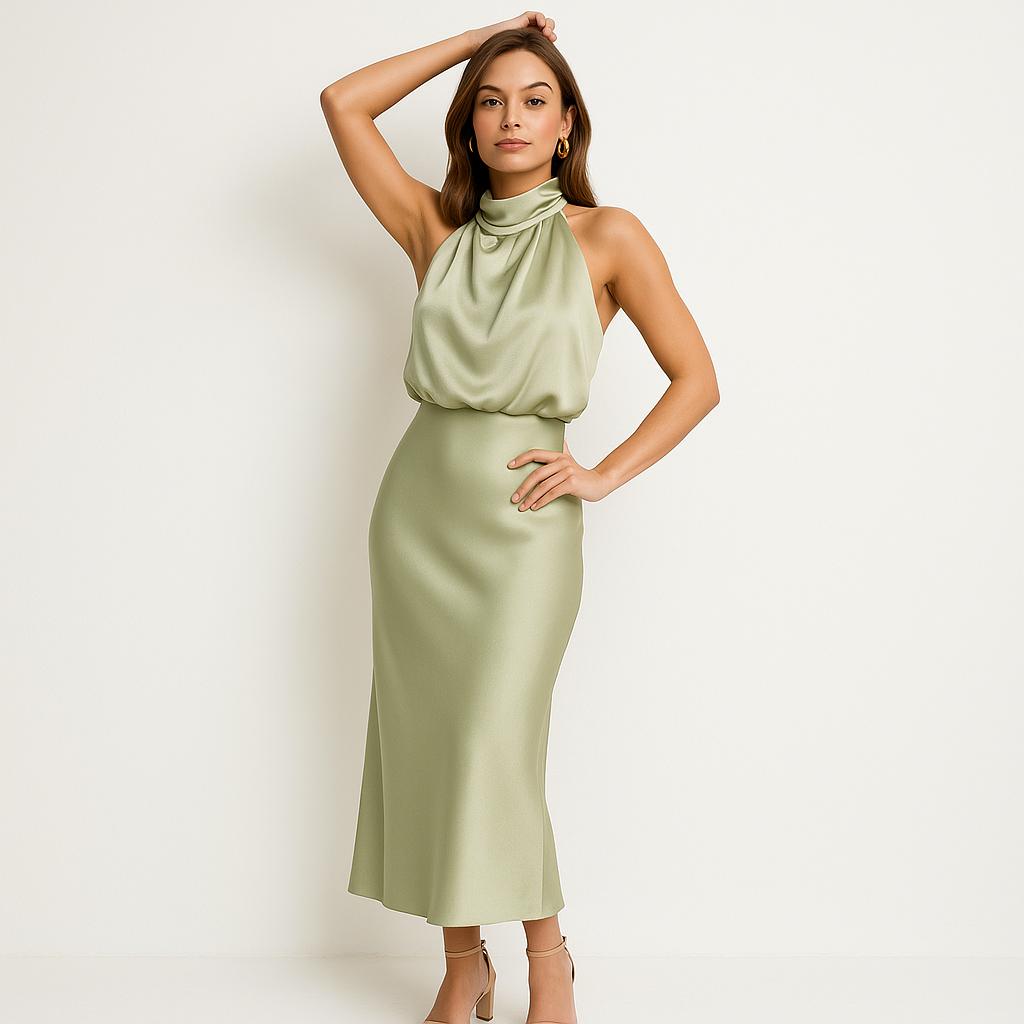 Satiniertes Midikleid mit Drapé-Kragen