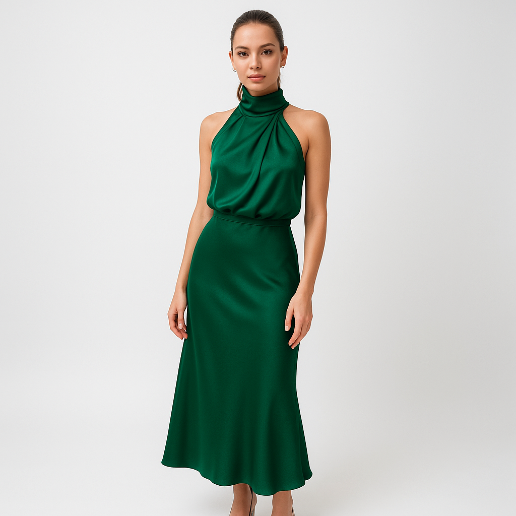 Satiniertes Midikleid mit Drapé-Kragen