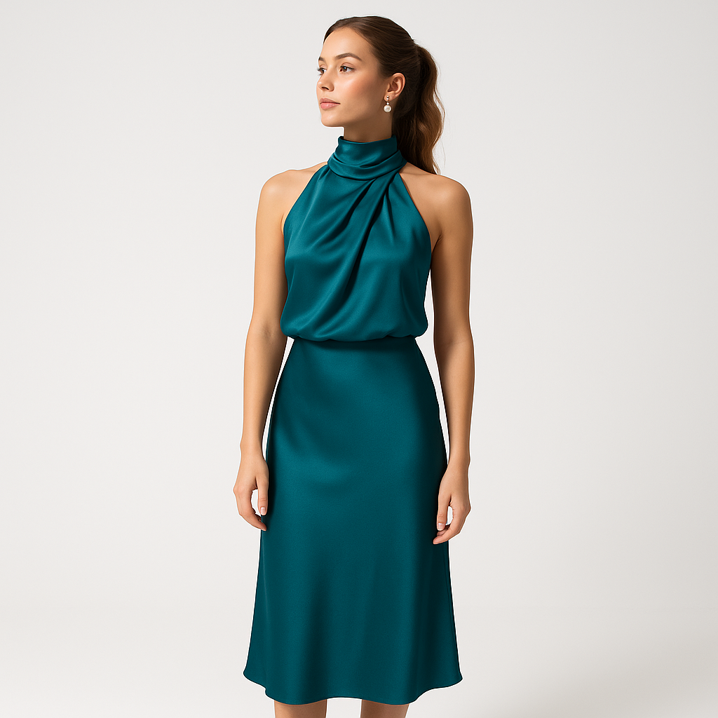 Satiniertes Midikleid mit Drapé-Kragen