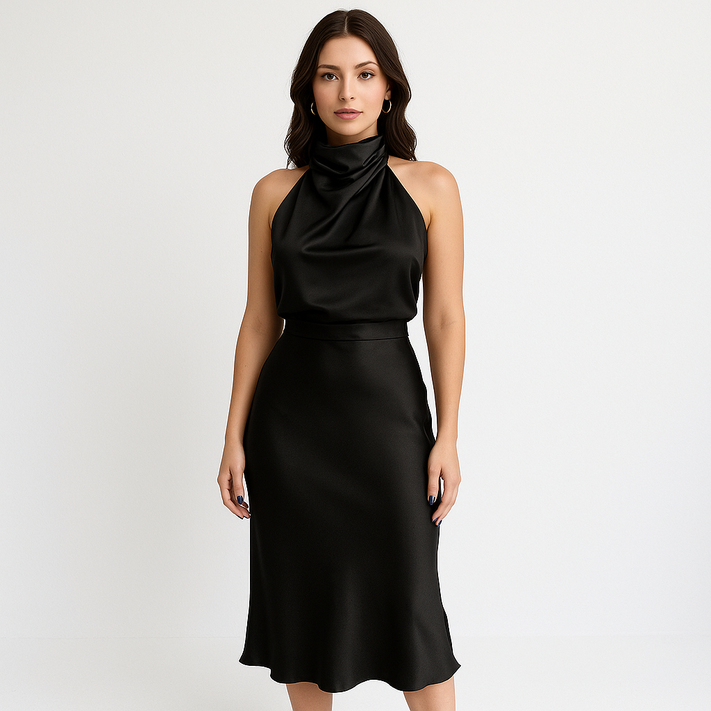 Satiniertes Midikleid mit Drapé-Kragen