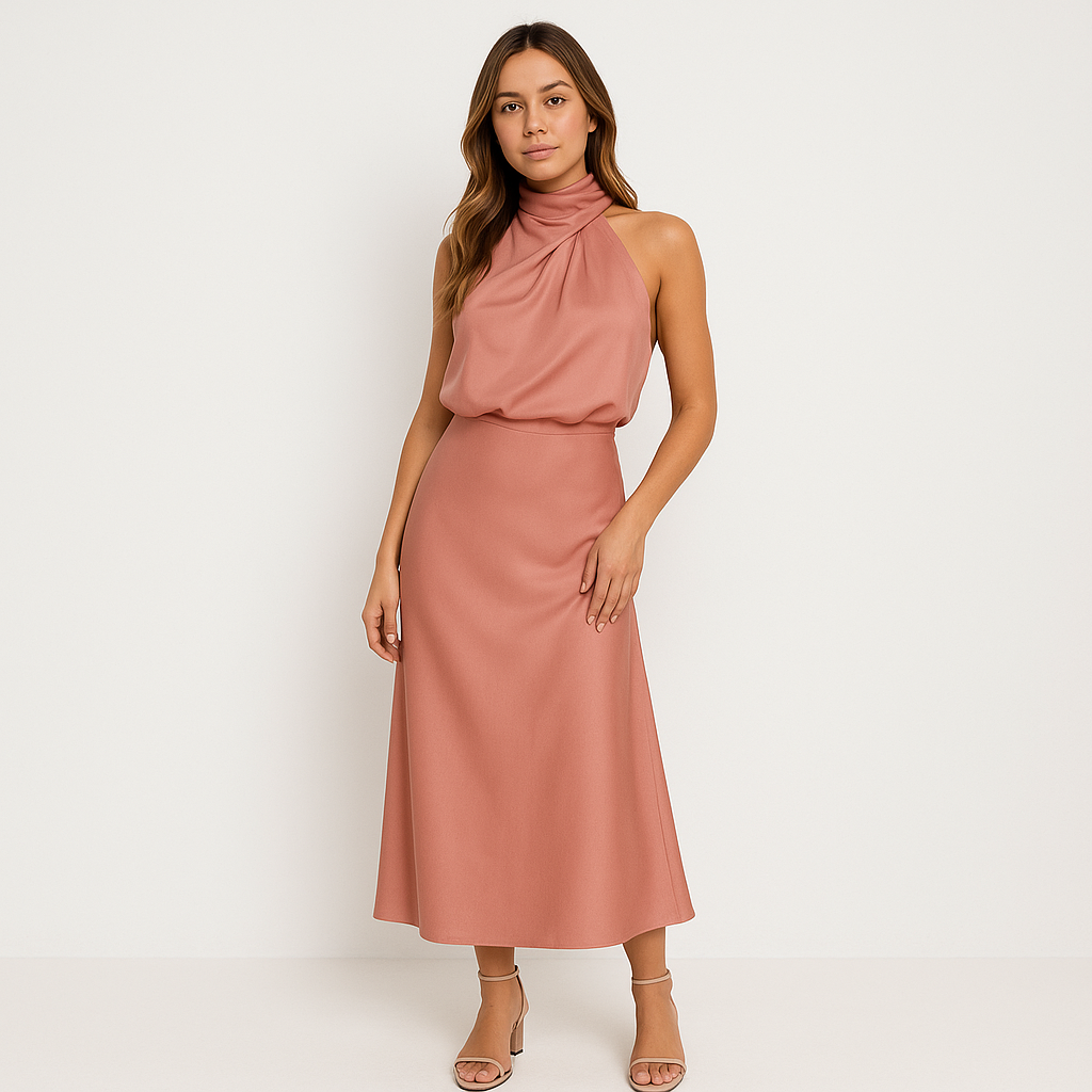 Satiniertes Midikleid mit Drapé-Kragen